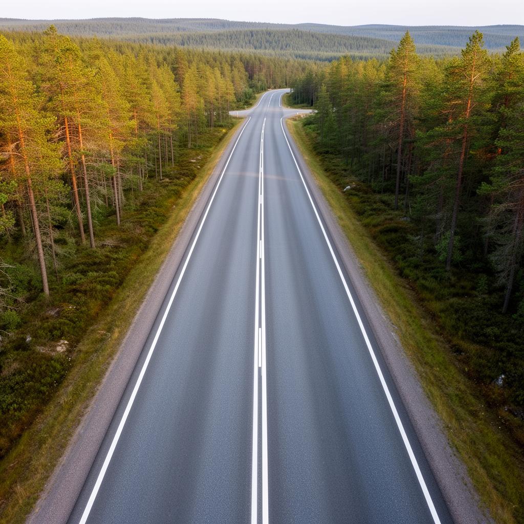 Linjemålningsmaskin målar vita vägmarkeringar på svensk asfalt