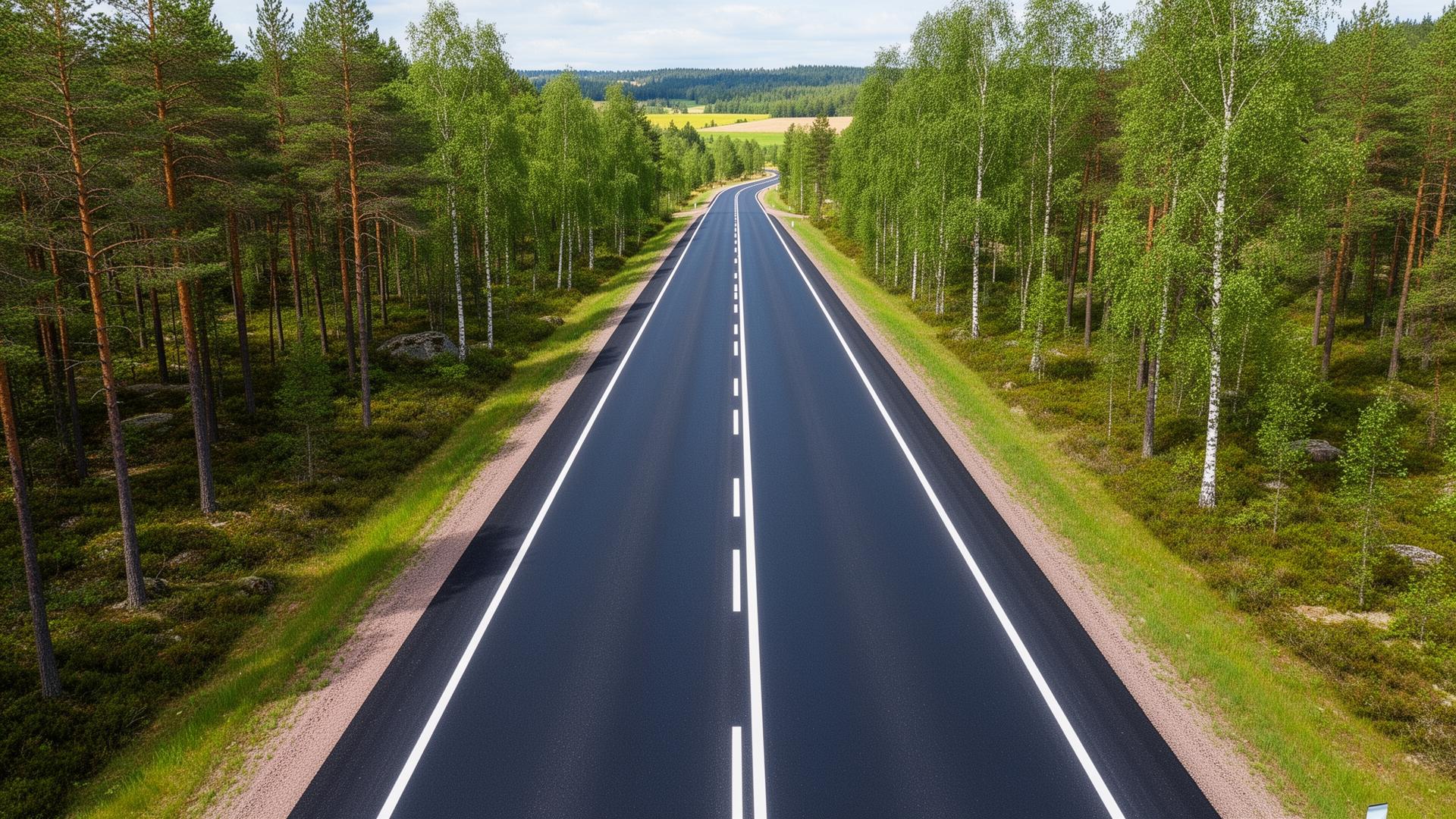 Vägmarkering med vita linjer på svensk asfaltsväg i Dalarna